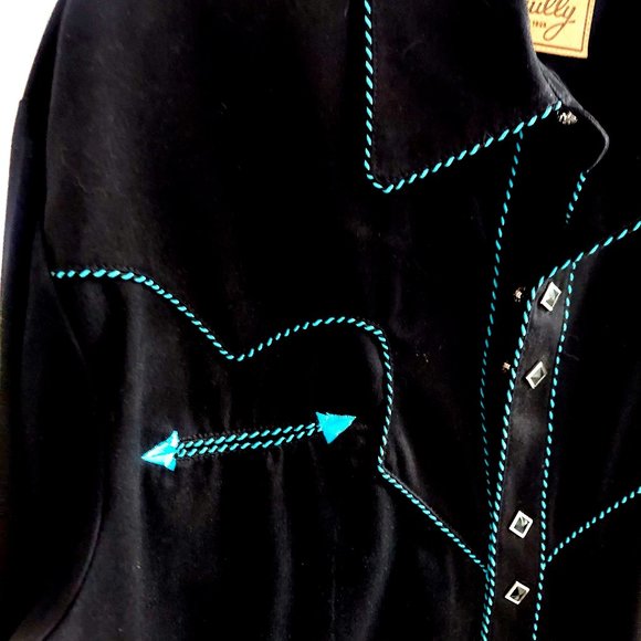 Vintage Scully Gunfighter Men's Western Button Down black w/teal piping. - Picture 4 of 7